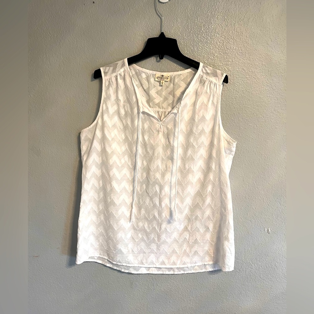 White, sleeveless blouse. Chevron print, tie front.